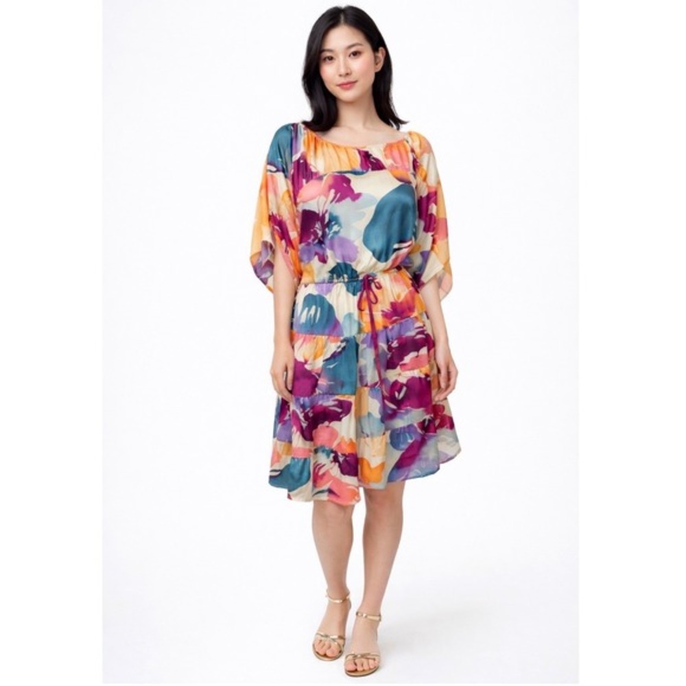 LOFT Floral Kimono Tiered Mini Dress Orange Purple M Resortwear Tropical 81-31